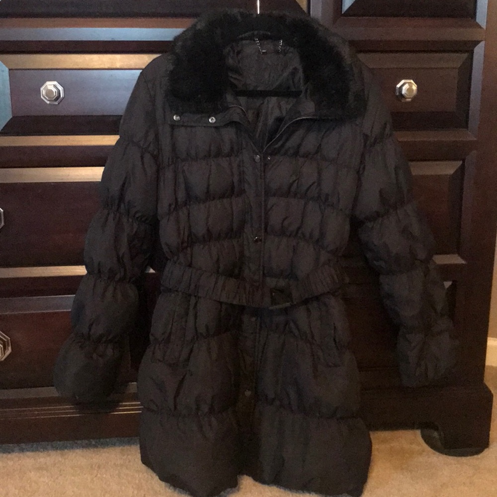 Express Black Belted Coat with fur collar